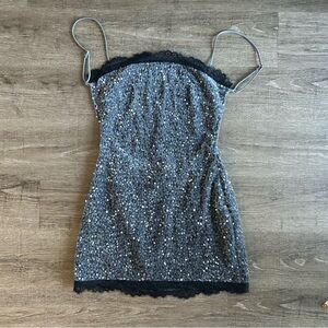 Silver Sequin Slip Dress with Black Lace Trim Backless Silver Party Dress